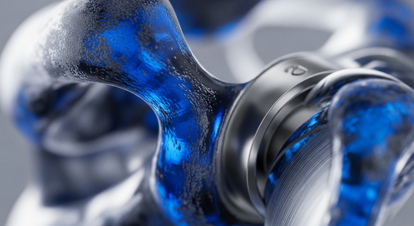 The close-up reveals highly detailed metallic components intertwined with a luminous, textured blue substance, appearing to flow through the structure. The metallic surfaces exhibit fine brushed textures and subtle engravings, suggesting precision engineering within a complex system