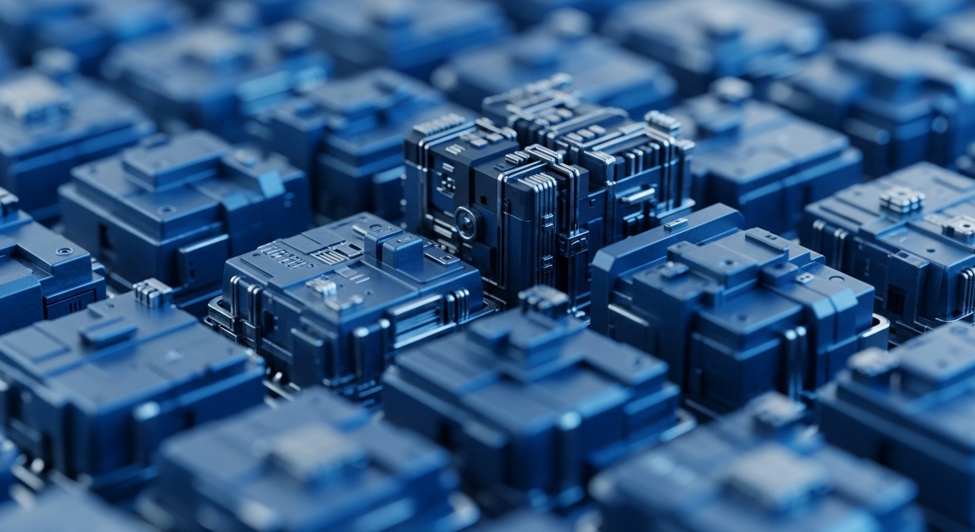 A grid of dark blue, metallic, modular block-like structures fills the frame, with a central cluster of highly detailed units in sharp focus. These intricate components feature visible pipes, vents, and circuit-like patterns, suggesting advanced technological processing