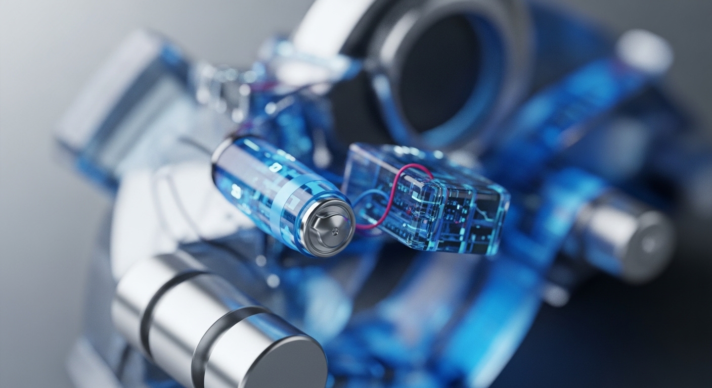 A close-up view reveals translucent blue electronic components, symbolizing core blockchain infrastructure. A cylindrical element, akin to a digital asset or utility token, displays internal data integrity patterns. Adjacent, a rectangular module with visible circuitry and a red power conduit suggests transaction processing or smart contract execution. These elements collectively represent node architecture within a distributed network, emphasizing on-chain transparency and computational efficiency vital for Proof-of-Work or Proof-of-Stake consensus mechanisms, driving decentralized finance applications.