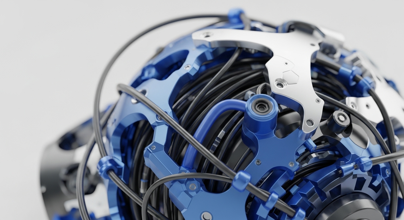 The image displays a detailed close-up of a complex mechanical apparatus, showcasing metallic blue structural elements and polished silver plates intricately joined by fasteners. Numerous black cables and conduits are interwoven throughout the core, suggesting a dense internal network