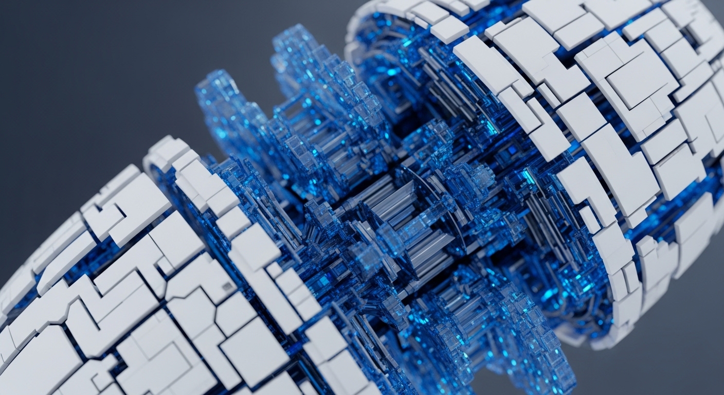 The image displays a futuristic, intricate mechanical structure, featuring an outer shell of white, interlocking geometric blocks surrounding a glowing, transparent blue core. This central section is composed of complex, crystalline-like components, suggesting advanced internal mechanisms and data flow