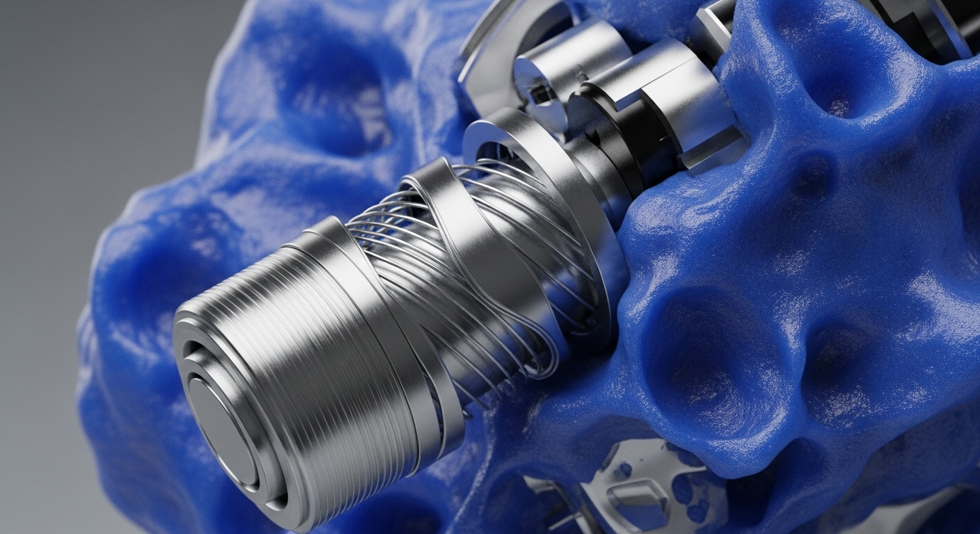 A detailed render presents a complex metallic mechanism firmly embedded within a textured, porous blue material. The central focus is a silver-toned, multi-layered component featuring a prominent helical structure, suggesting intricate engineering