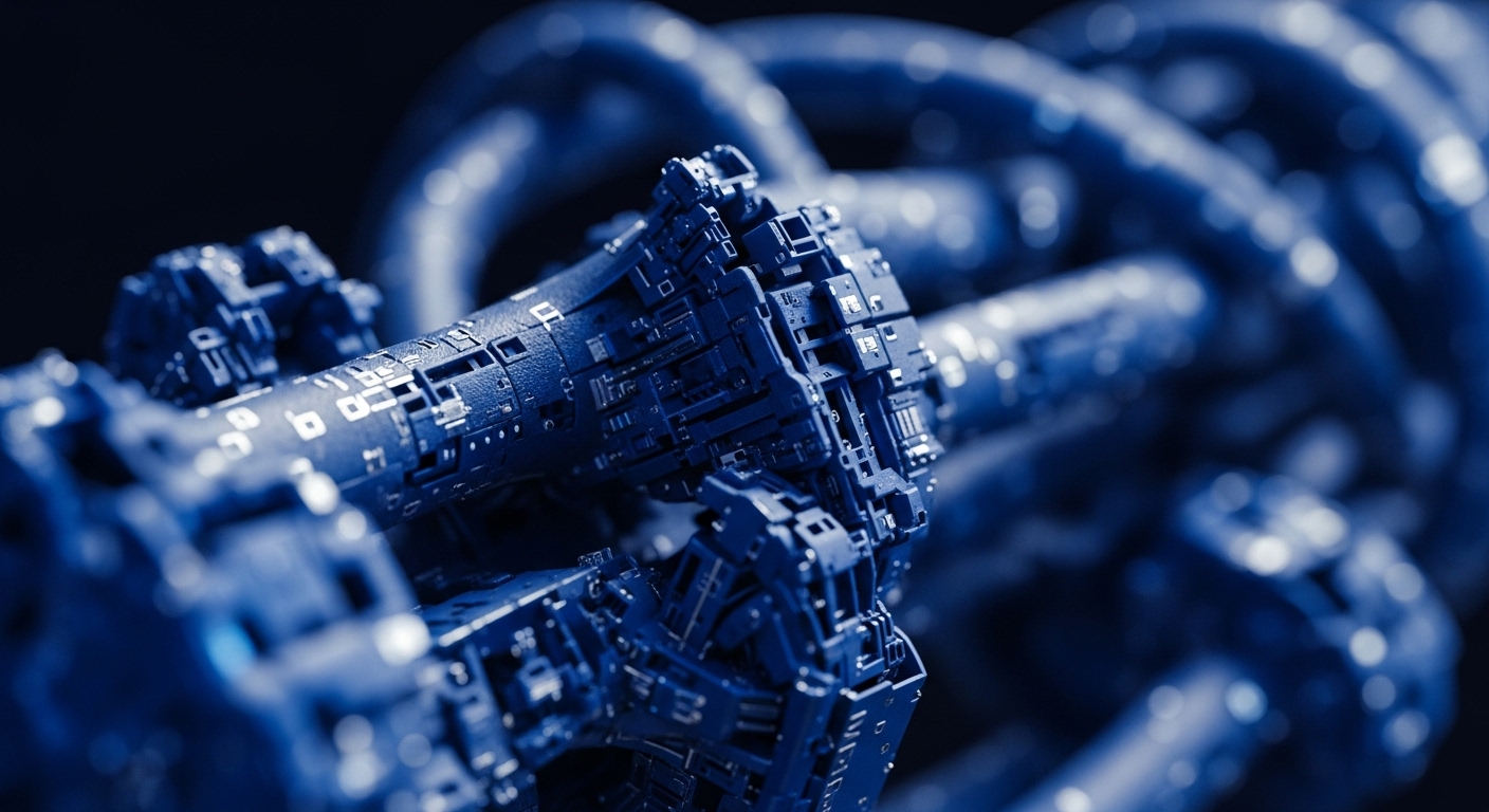 A close-up view reveals interconnected, dark blue, metallic cylindrical structures, forming a robust chain. Each segment features intricate, light blue circuit board patterns and etched alphanumeric characters, suggesting advanced digital components