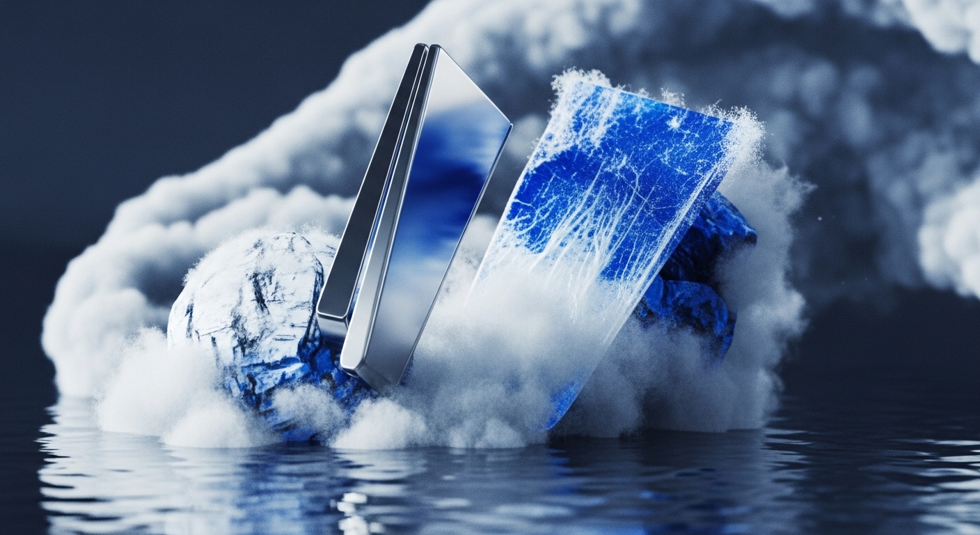 A striking visual depicts two distinct, angular structures rising from dark, rippled water, partially obscured by white, voluminous clouds. One structure is a highly reflective silver, while the other is a fractured, deep blue block with intricate white patterns