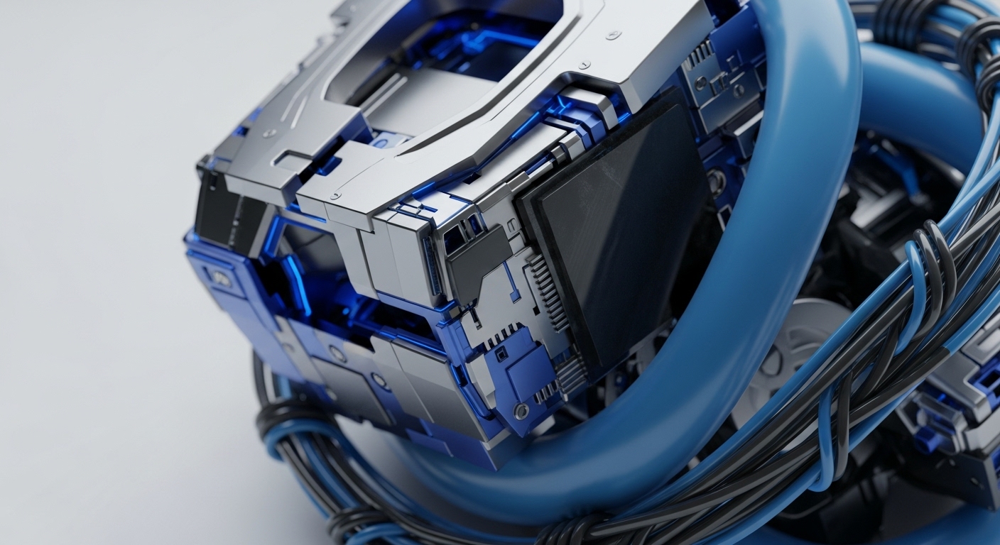 The image features a sophisticated, metallic block-like structure, illuminated with blue internal lighting, intricately entwined with thick blue tubes and a dense network of black and blue wires. This high-tech assembly evokes the core infrastructure of advanced computational systems