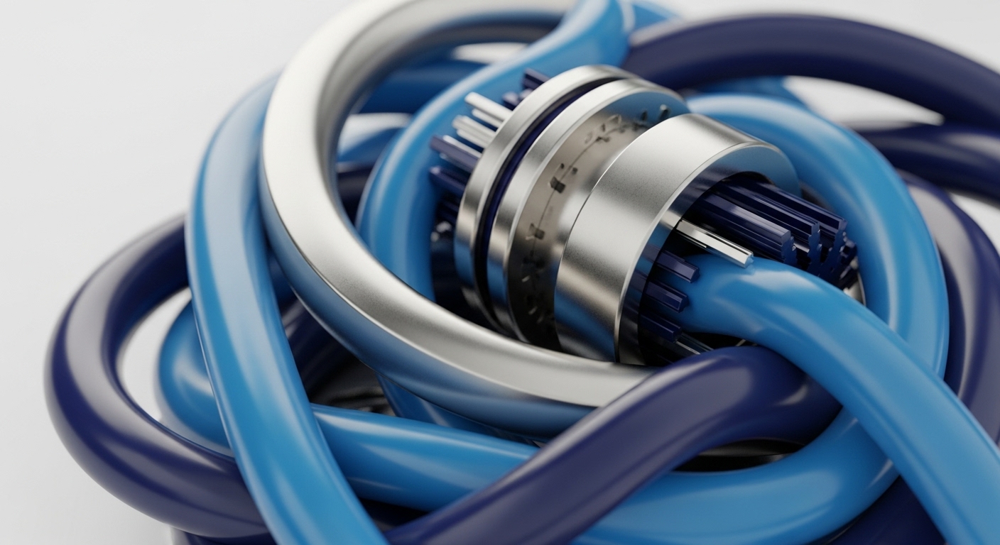 Smooth, lustrous tubes in shades of light blue, deep blue, and reflective silver intertwine dynamically, forming a complex knot. A central metallic connector, detailed with fine grooves and internal blue pin-like structures, serves as a focal point where these elements converge