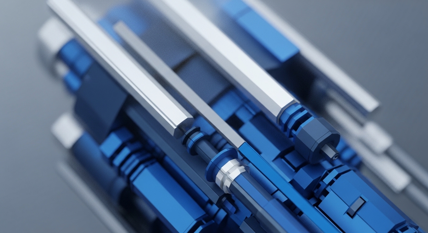 The image displays a close-up of interconnected blue and silver metallic components, featuring hexagonal and cylindrical shapes arranged in a precise, angular configuration. These elements suggest a sophisticated mechanical or digital system, with varying textures and depths creating a sense of intricate engineering