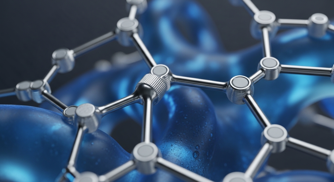 The image displays a detailed close-up of a metallic, interconnected structural lattice, featuring numerous spherical nodes joined by cylindrical rods. A prominent central node exhibits a distinct knurled texture, set against a blurred, translucent blue background with subtle water droplets