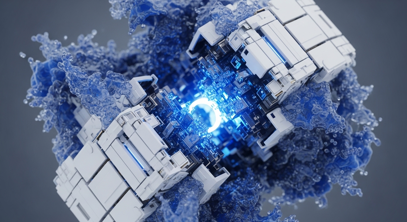 A white, multi-faceted modular structure, reminiscent of a blockchain node, is surrounded by energetic, splashing blue liquid. A brilliant blue light emanates from its central core, highlighting intricate internal components