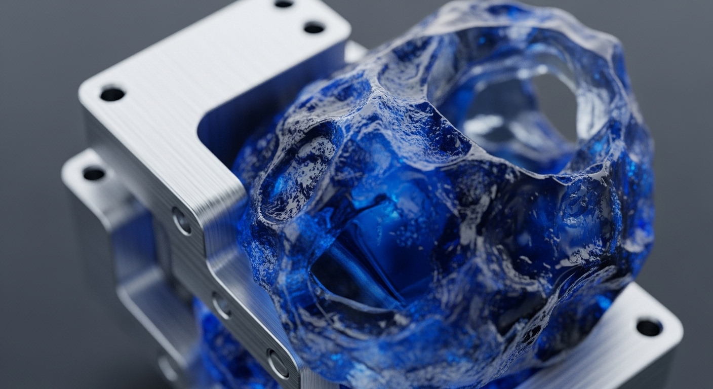 A metallic, brushed aluminum housing with visible screw holes securely encases a translucent, deep blue, irregularly textured core. The blue object exhibits internal refractions and a rough, almost crystalline surface, suggesting a complex internal structure