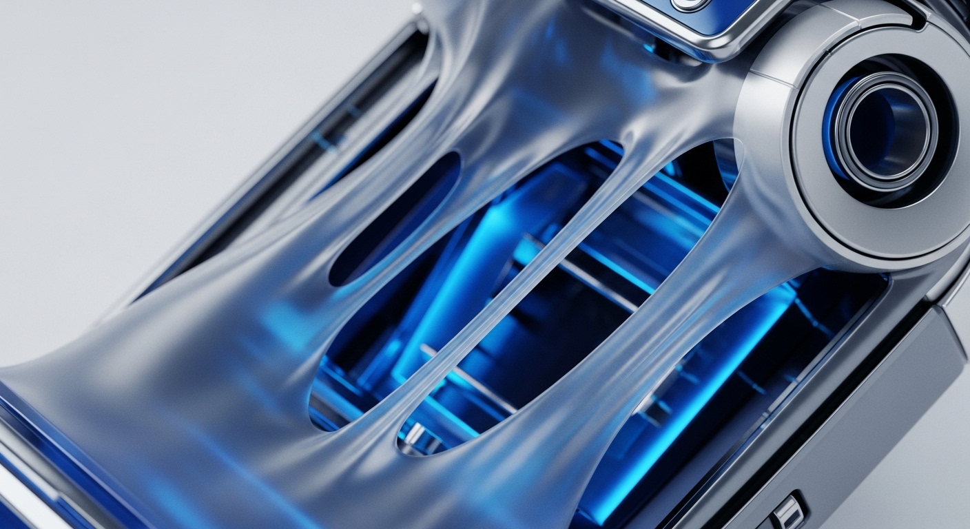 The image displays a sophisticated, polished metallic apparatus featuring internal conduits glowing with intense blue light, suggesting advanced technological functionality. Its design incorporates smooth, interconnected structural elements and precise mechanical joints, indicative of high-precision engineering