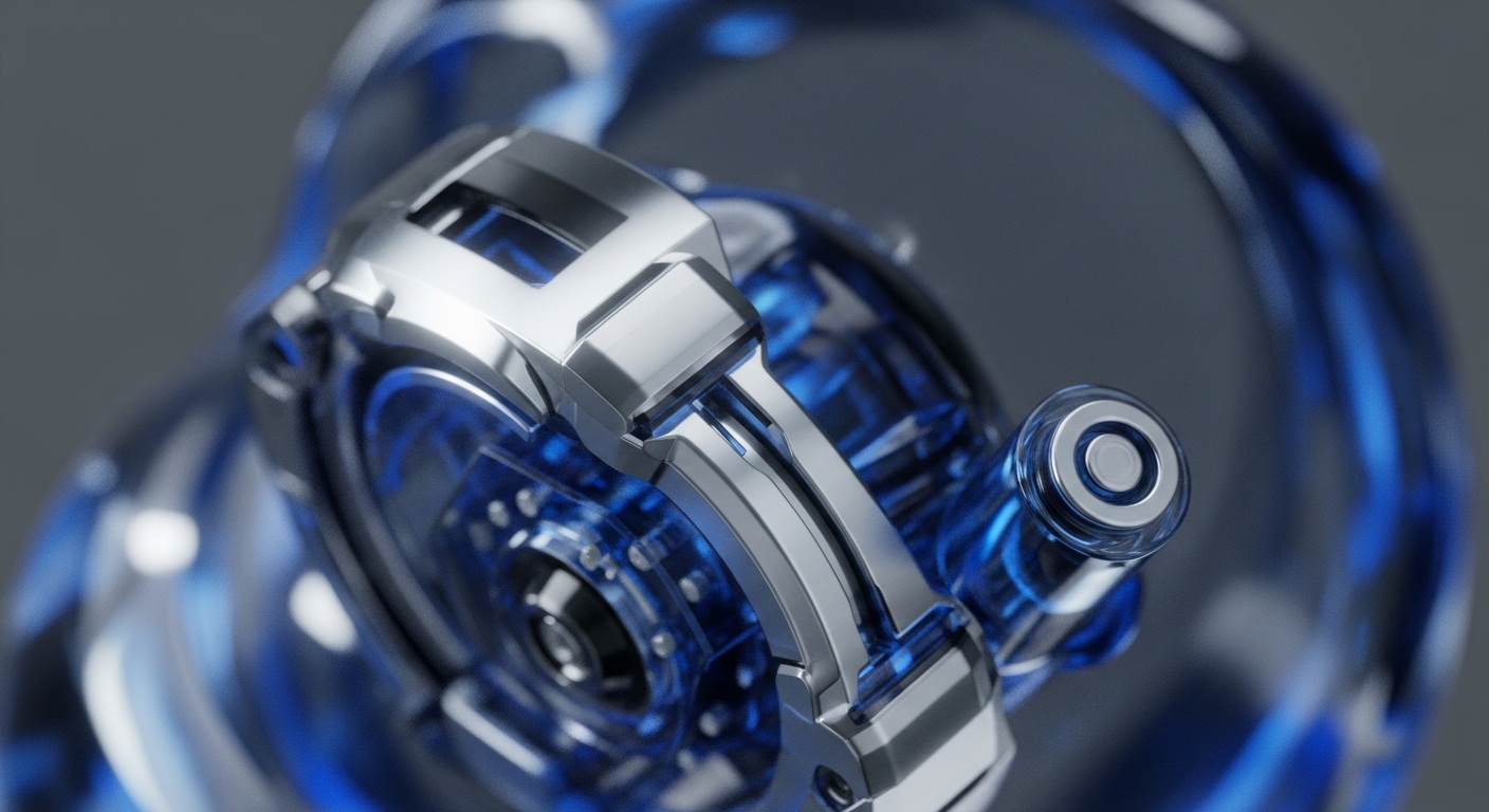 A detailed macro shot showcases a high-tech component, combining reflective silver-toned metallic structures with deep blue translucent materials. Intricate internal workings are visible through the transparent sections, highlighting precision engineering