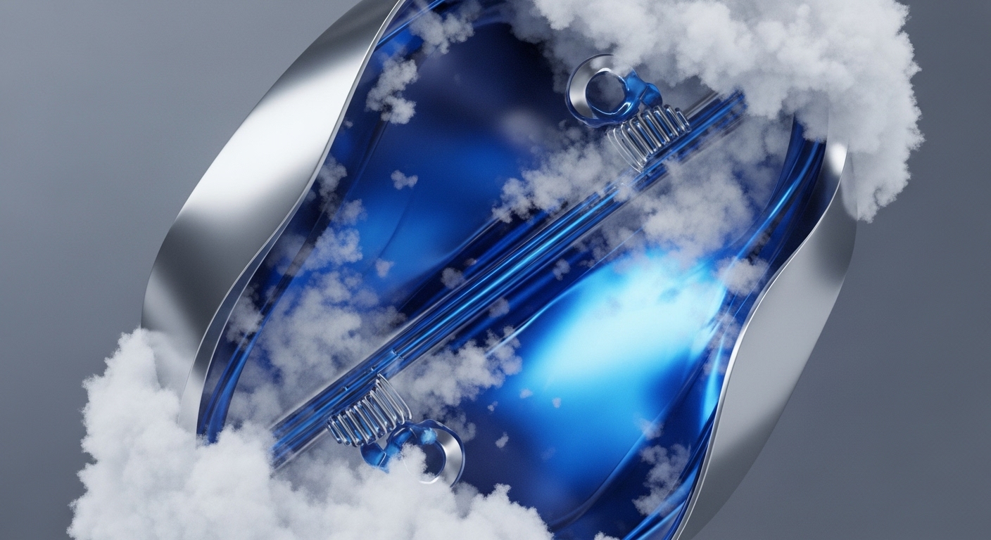 A high-resolution render depicts a sophisticated metallic apparatus with a luminous blue core, enveloped by white vapor. Within the core, intricate metallic conduits and structural elements are visible, suggesting complex internal mechanisms