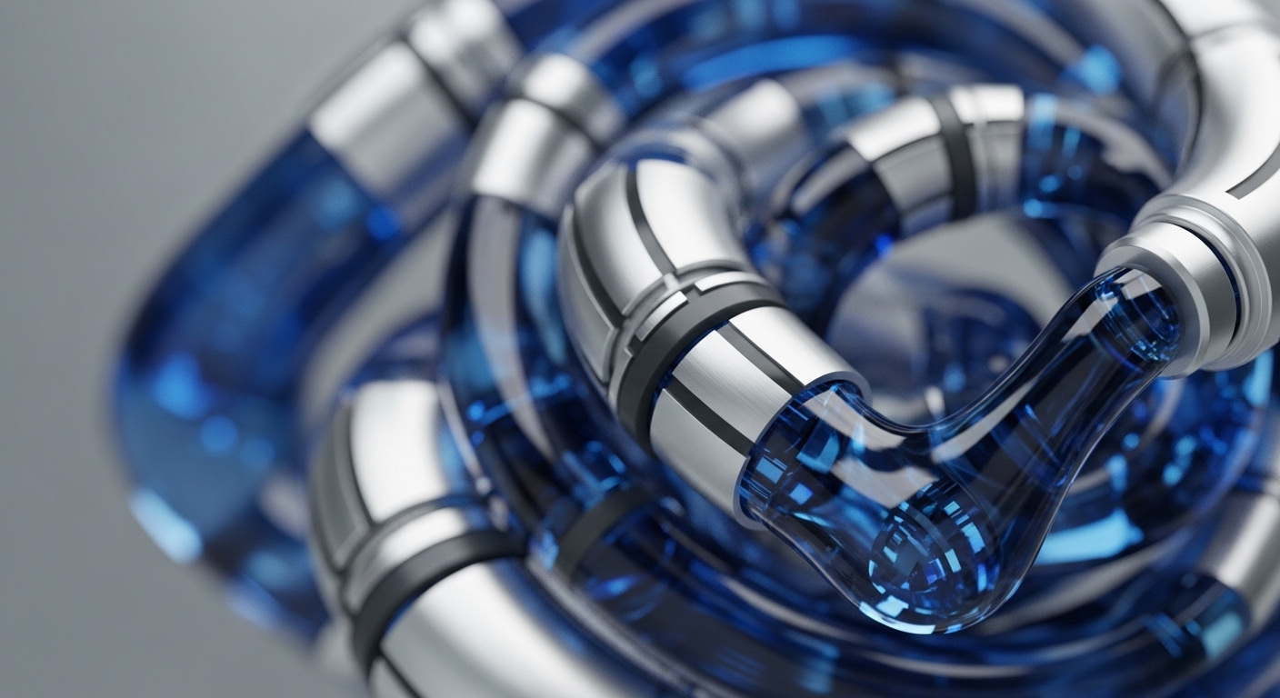 A detailed close-up reveals a sophisticated, intertwining structure composed of polished silver metallic segments and translucent blue tubing. Within the transparent sections, a luminous blue substance or energy stream visibly flows, suggesting dynamic internal processes