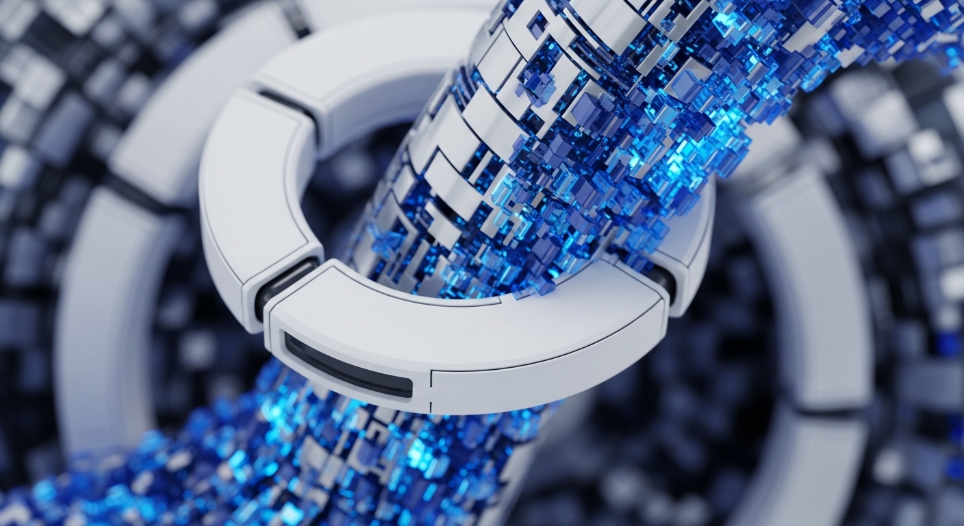 The visual presents a segmented white structural framework, akin to a robust blockchain backbone, channeling a luminous torrent of blue cubic data packets. These glowing elements appear to be actively flowing through the conduit, signifying dynamic data transmission and processing within a complex digital environment