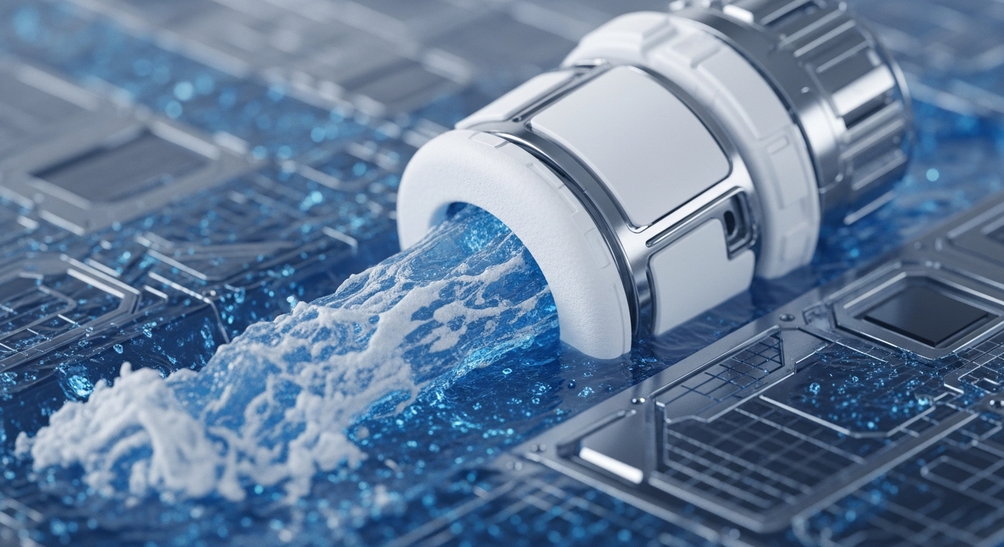 A futuristic metallic device, sleek in white and silver, ejects a vibrant blue, foamy liquid onto an intricate circuit-board-like surface. This powerful visualization symbolizes a high-throughput data stream actively engaging with a distributed ledger technology DLT infrastructure