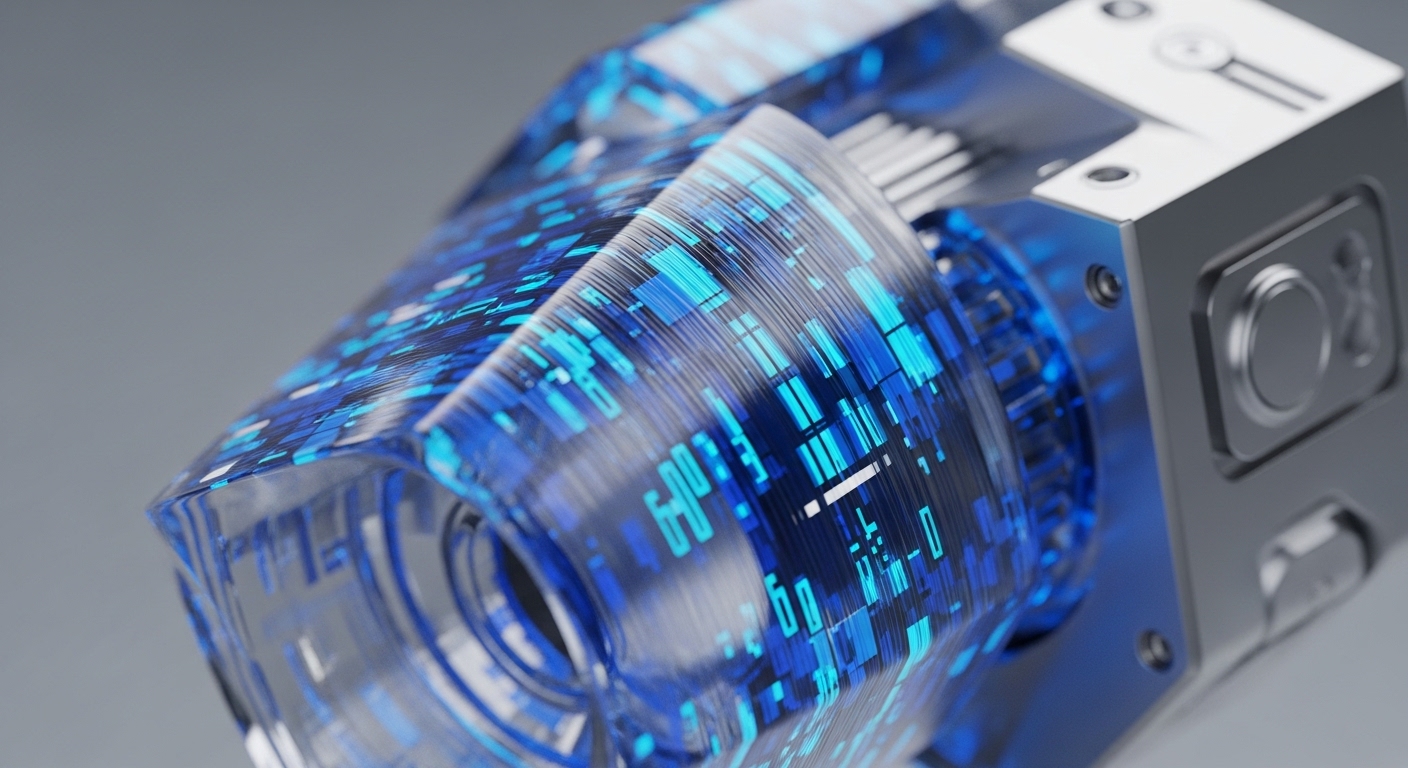The image showcases a futuristic, metallic apparatus with a prominent translucent blue section. This blue component is illuminated by intricate, glowing digital patterns, suggesting advanced data processing
