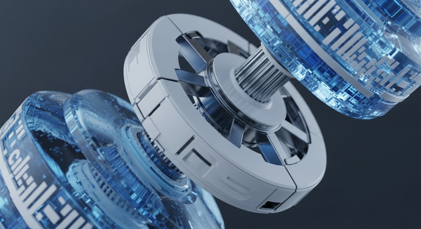 A detailed view presents a series of interconnected, rotating mechanical components, featuring a prominent central white metallic gear-like structure and multiple translucent blue discs with intricate, circuit-like internal designs. These elements are set against a deep grey background, suggesting a complex technological system in operation