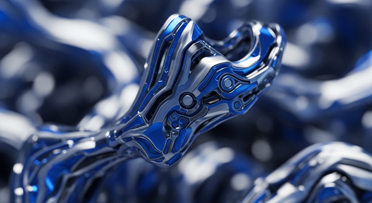 A close-up view highlights a complex, metallic structure rendered in vibrant blue and reflective silver. The form exhibits intricate details, sharp geometric segments, and smooth, interconnected contours, suggesting advanced decentralized finance DeFi infrastructure