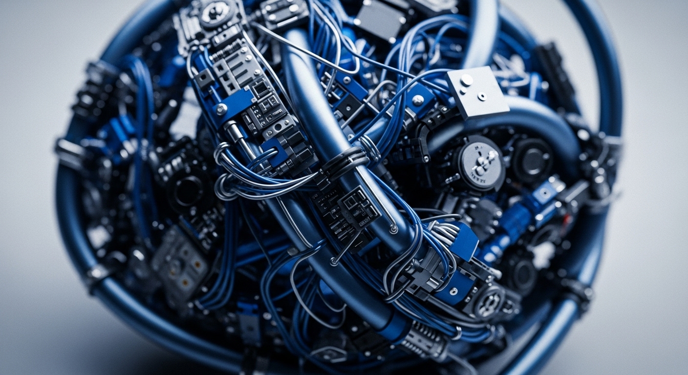The image presents a highly detailed, close-up view of a complex mechanical and electronic assembly, primarily featuring interconnected blue pipes and cables, alongside various metallic and dark grey components. The structure appears spherical or toroidal, with numerous circuit board-like elements and fasteners contributing to its intricate design
