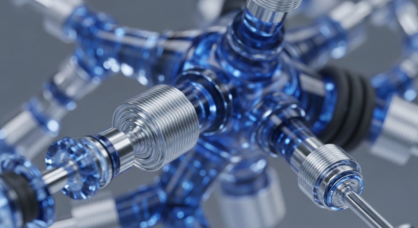 The image displays an intricate modular system featuring transparent blue conduits and polished silver metallic components. This close-up view emphasizes the precise engineering of a decentralized network