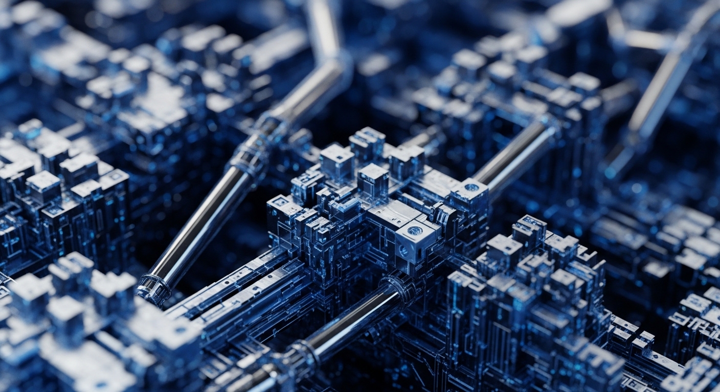 The image showcases a highly detailed, futuristic metallic structure, characterized by interconnected cubic modules and cylindrical conduits, bathed in cool blue and silver light. A shallow depth of field brings the central complex into sharp focus, while the surrounding elements recede into a soft blur, emphasizing the intricate network's vastness
