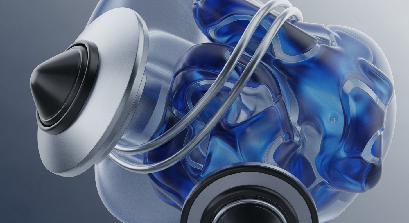The image displays a composition of metallic, disc-like components and intricate, translucent blue organic forms, all interconnected by flowing silver tubes. The background is a gradient of grey tones, providing a clean, high-tech aesthetic