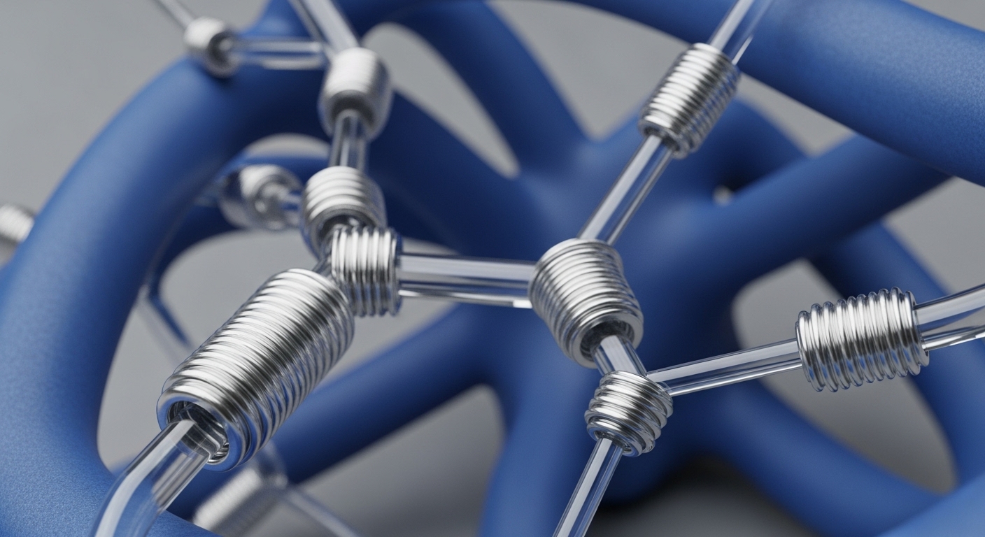 A complex, three-dimensional network structure is depicted, featuring a blurred blue tubular framework in the background and a sharp, transparent tubular network with metallic coiled connectors in the foreground. The coiled connectors act as nodes, linking the transparent tubes together