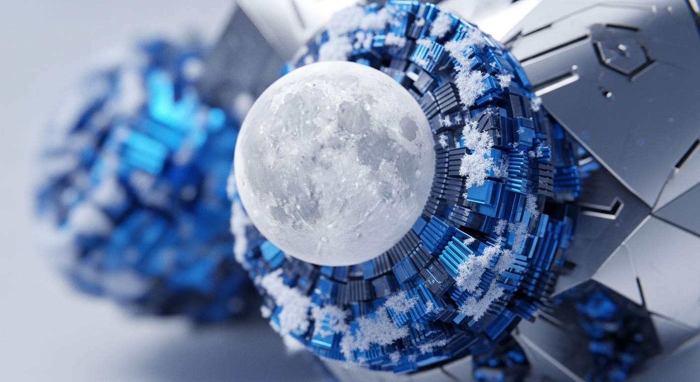 A prominent textured sphere, resembling a moon, is securely nestled within a sophisticated metallic blue and silver geometric structure. This intricate assembly is partially covered with white frosty particles, creating a visual metaphor for robust digital asset security