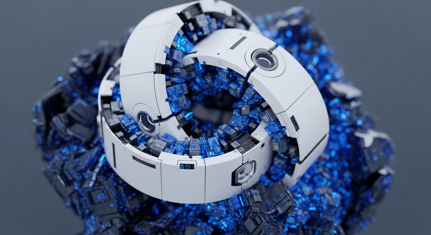 A sleek, white, segmented toroidal structure, partially open, showcases an internal matrix of numerous glowing blue cubic elements. This sophisticated mechanism rests upon a dark, textured base also embedded with scattered, luminous blue components