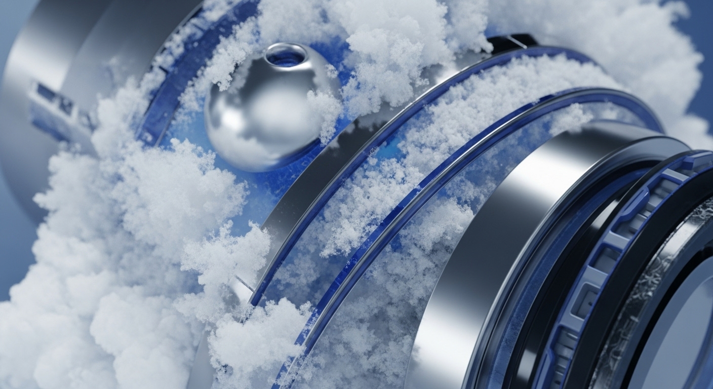 A detailed view of a complex, multi-layered metallic structure featuring prominent blue translucent elements, partially obscured by swirling white, cloud-like material. A reflective silver sphere is embedded within the intricate framework, suggesting dynamic interaction and movement