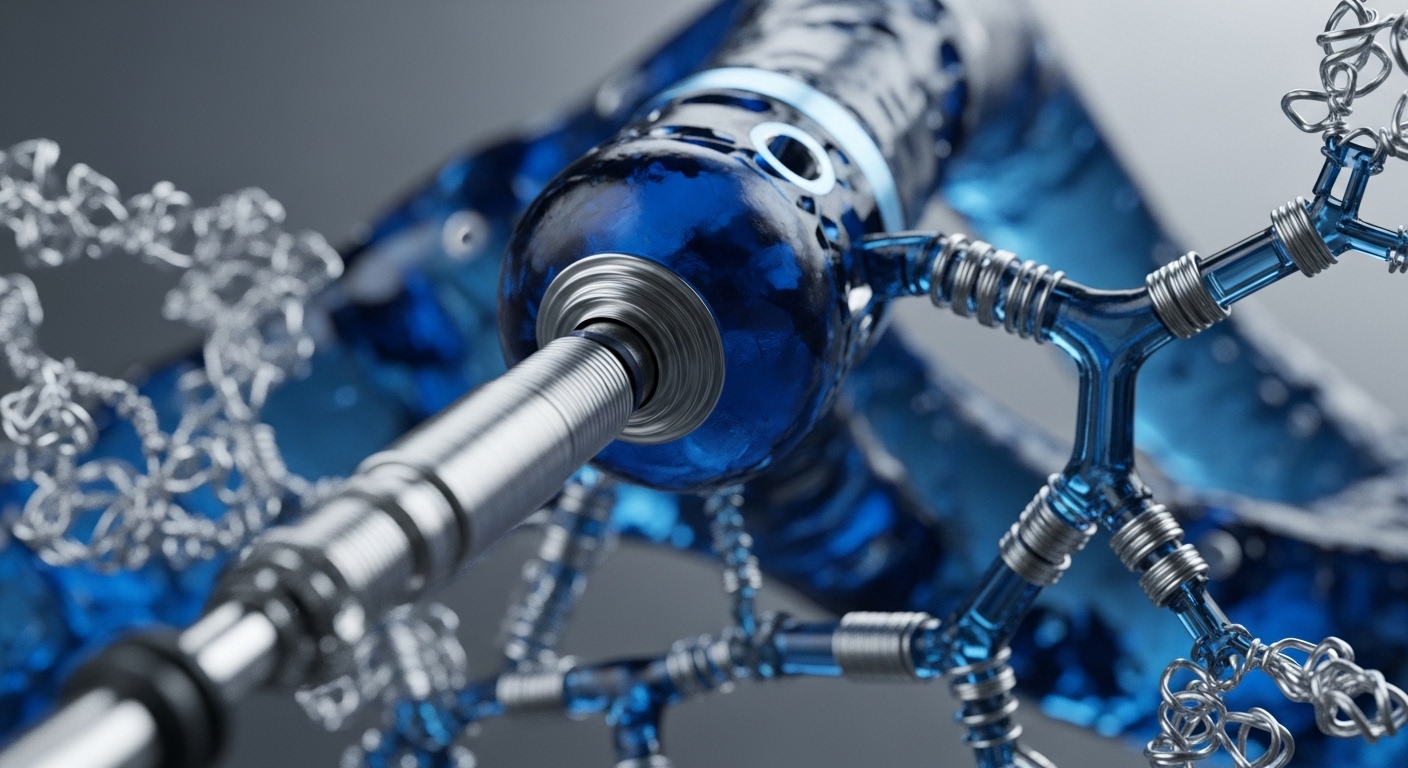 A detailed close-up reveals a complex, abstract structure dominated by translucent blue and metallic silver elements. A central, large cylindrical component, made of a deep blue, liquid-like material, is connected to an intricate network of branching blue tubes, all reinforced with silver metallic wires