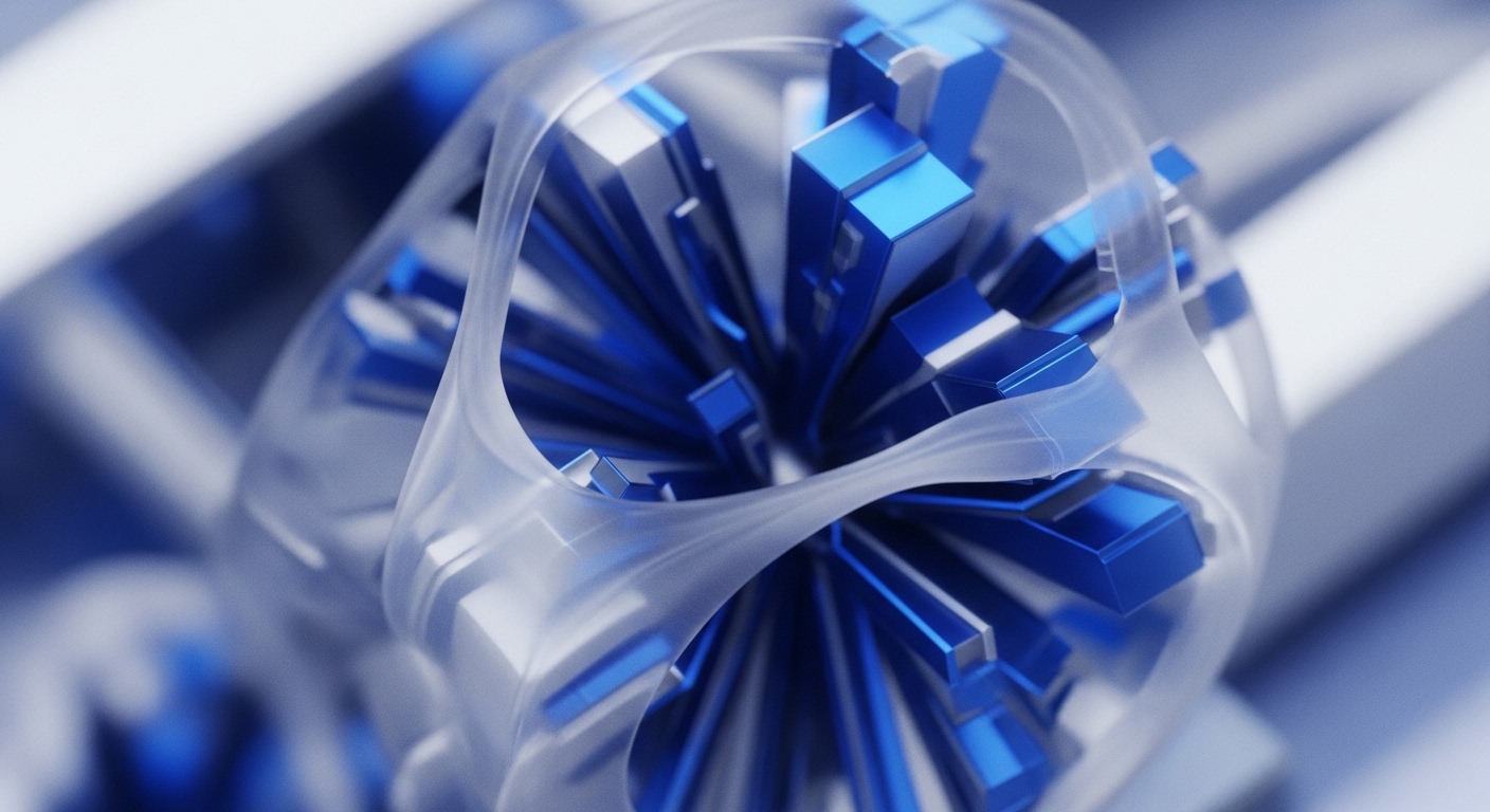 The image displays a central arrangement of metallic blue, rectangular blocks, encased by a translucent, flowing structure. These elements are set against a blurred background of similar abstract forms, creating a sense of depth and interconnectedness