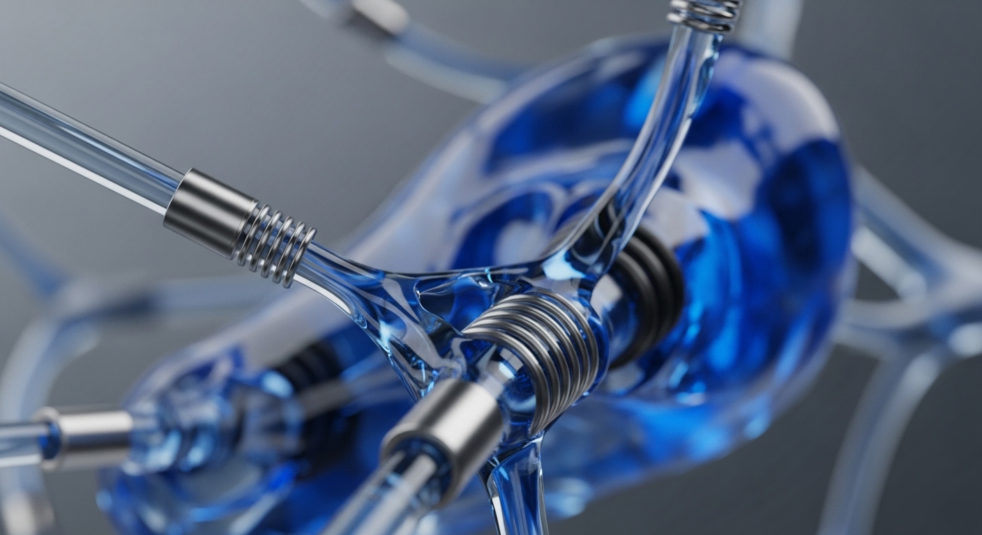A sophisticated, translucent blue network structure dominates, depicting intricate pathways for digital asset transfer. Metallic cylindrical connectors, some featuring helical wraps, secure the junctions, symbolizing robust cryptographic primitives and secure protocol interconnections. Within the main transparent conduit, a vibrant blue fluid suggests active transaction flow and data packets moving between decentralized network nodes. This abstract visualization underscores the complex infrastructure supporting blockchain operations, highlighting liquidity pathways and the underlying consensus mechanism essential for scalable and interoperable smart contracts.