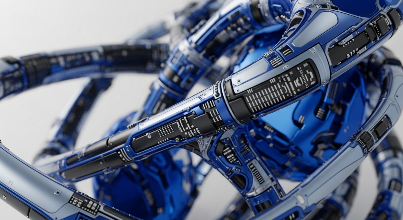 The image displays a close-up of intertwined, reflective blue and silver metallic structures. These futuristic components feature intricate patterns resembling circuit boards and data transfer channels