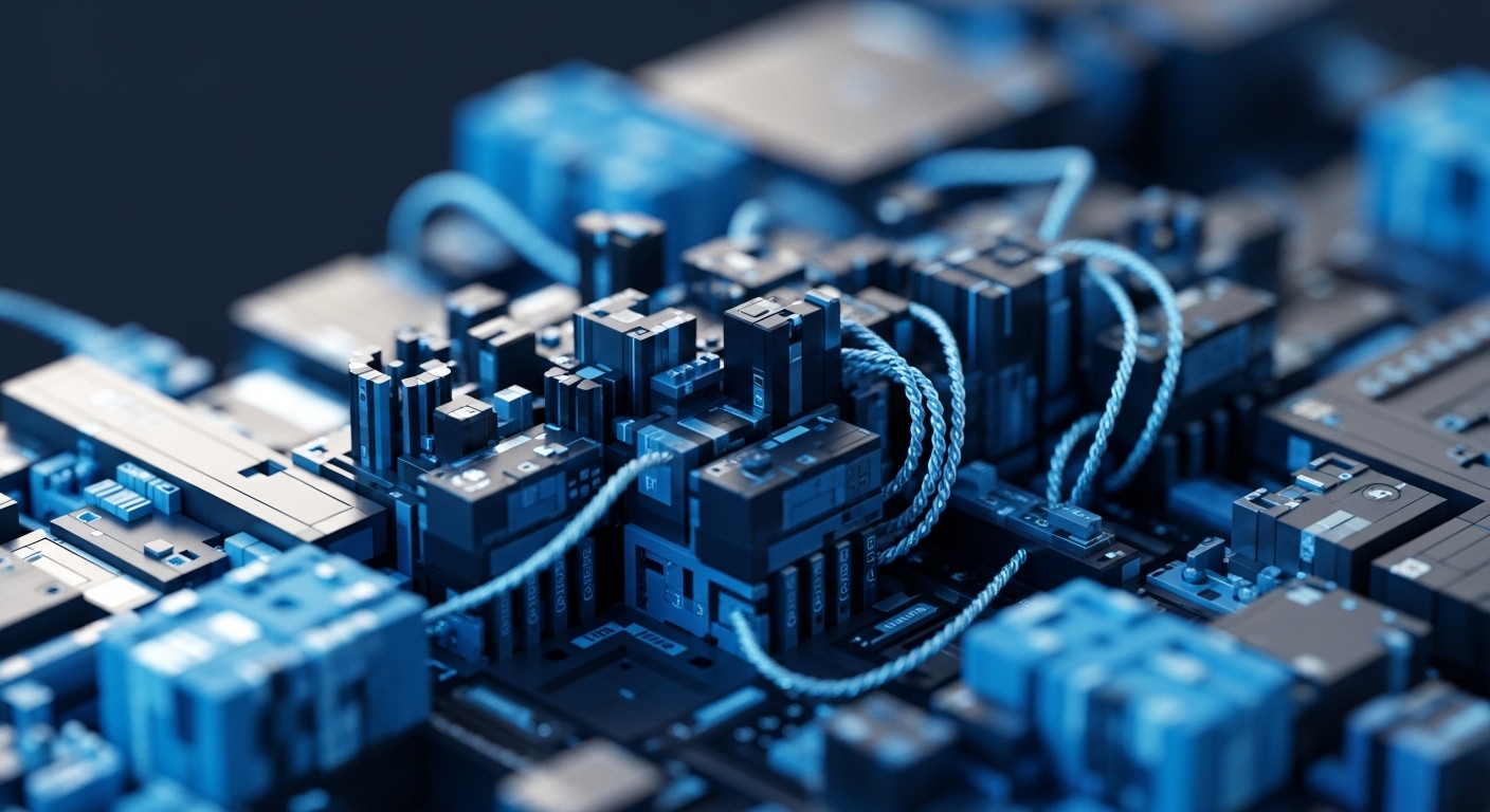 The image presents a detailed, abstract view of interconnected digital components, featuring numerous dark blue and gray block-like structures linked by light blue braided wires. The shallow depth of field focuses on a central cluster of these elements, creating a sense of intricate technological depth