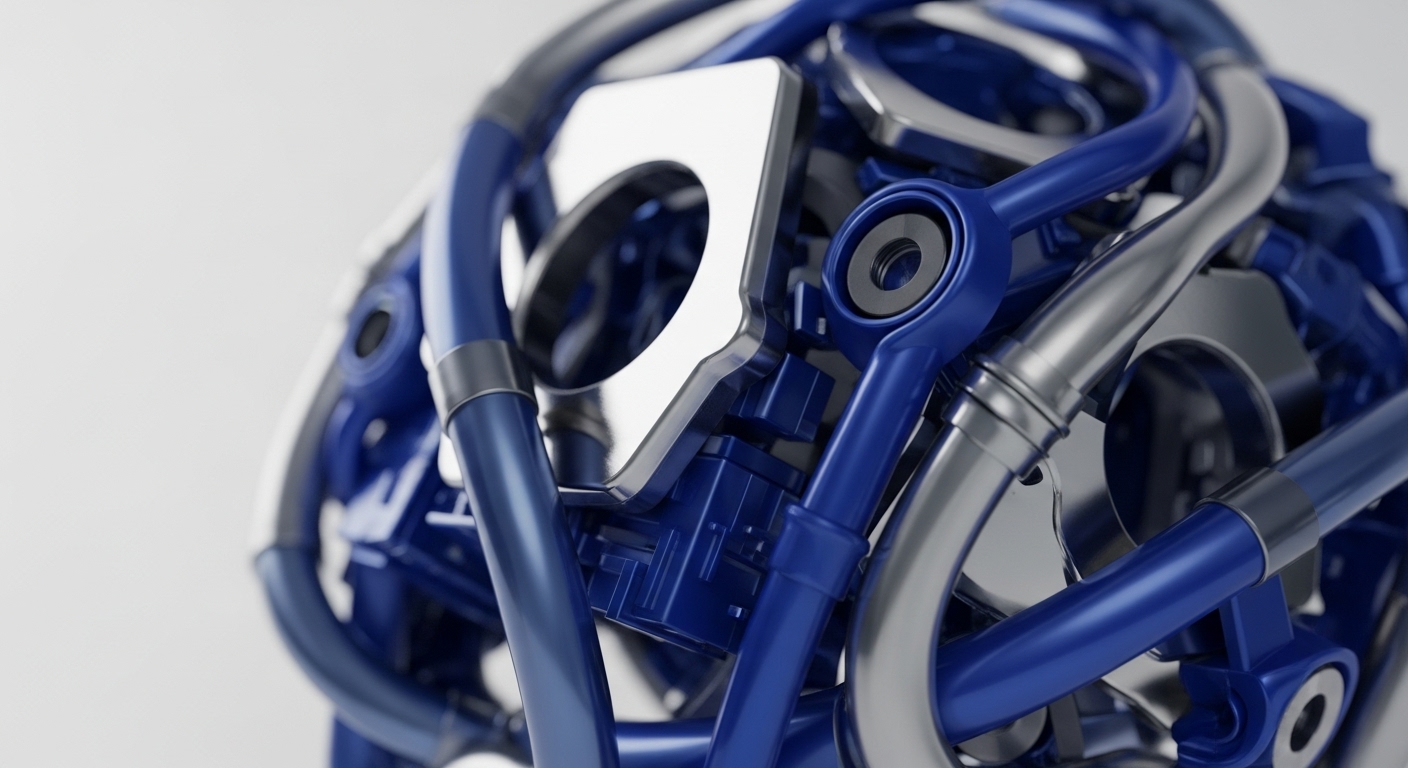 A close-up reveals an intricate assembly of polished blue and silver components, forming a complex, interwoven mechanical structure. Smooth, reflective tubes and angular brackets connect, creating a sense of dynamic flow and engineered precision against a stark white background