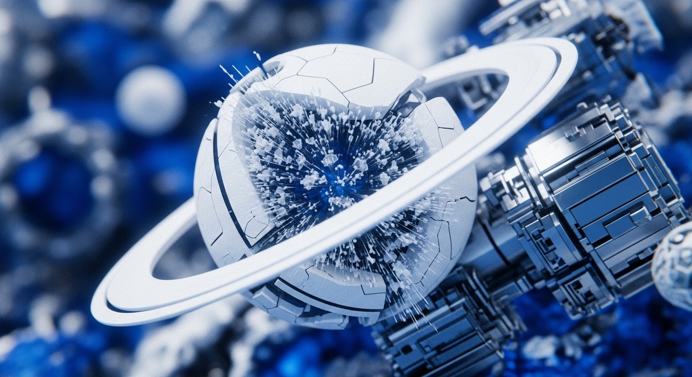 A prominent white, segmented sphere with two surrounding rings is depicted against a blurred blue background. Its cracked surface reveals a bright blue inner core emitting numerous small, white, spike-like elements, alongside metallic, block-like structures to the right