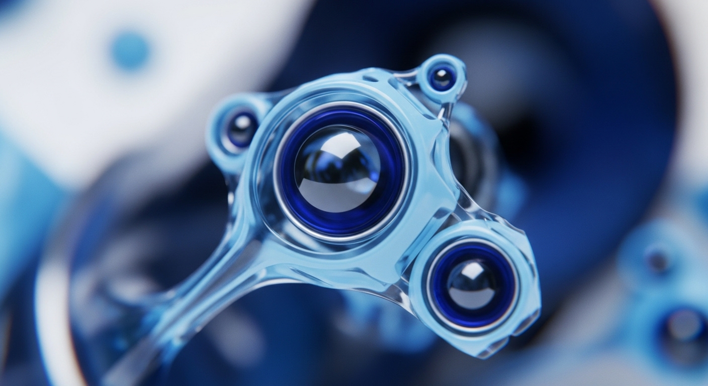 A striking abstract visualization showcases a translucent, light blue, interconnected structure with prominent dark blue reflective spheres. The composition features a large central sphere flanked by smaller ones, all seamlessly integrated by fluid, crystalline elements against a blurred blue and white background