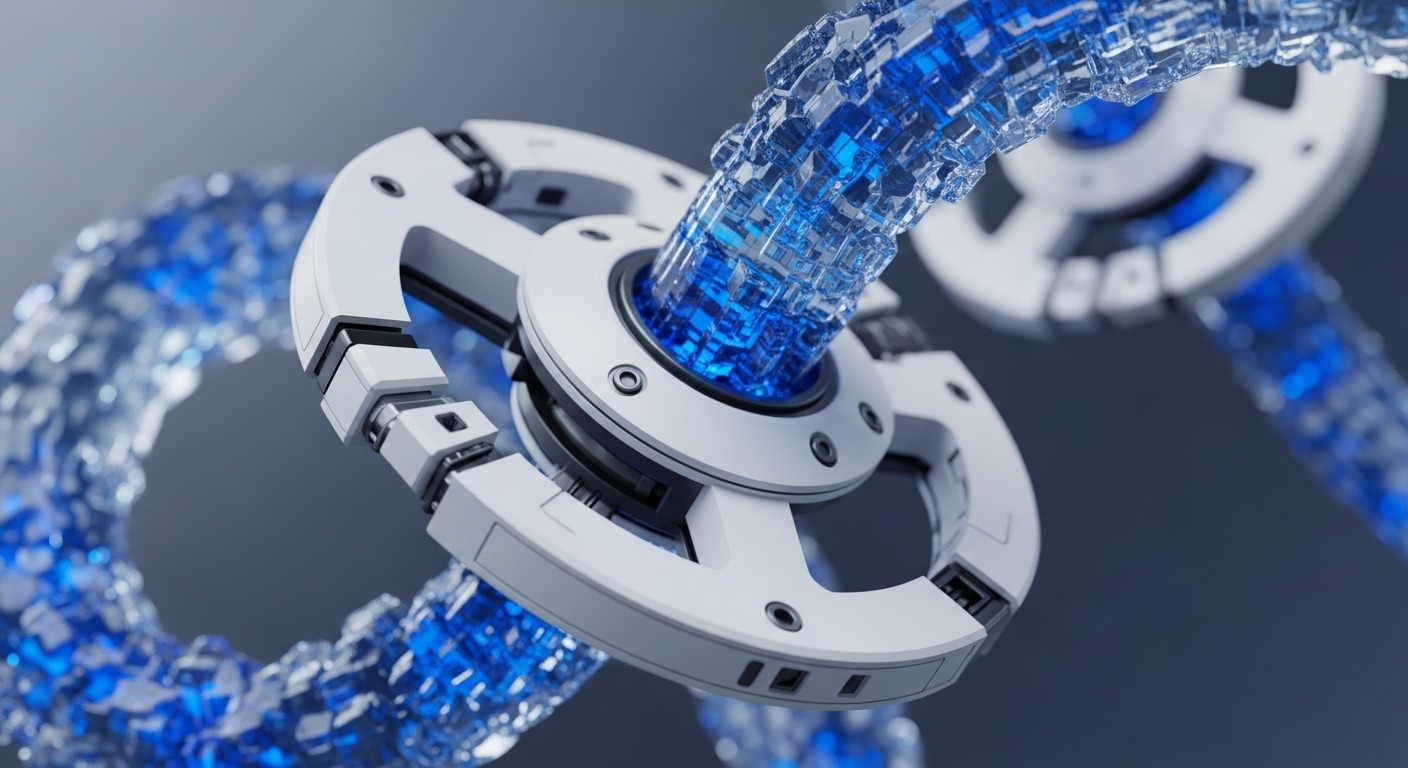 The image showcases a series of futuristic white mechanical structures, seamlessly linked and guiding a brilliant blue, crystalline stream. This transparent conduit, filled with discrete block-like elements, visually represents the dynamic flow of data within a complex system