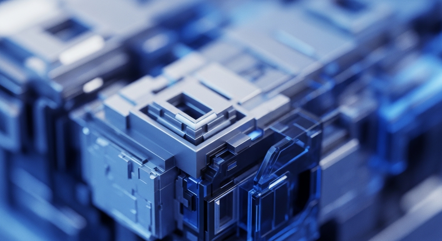 The visual presents an abstract arrangement of metallic-blue and silver geometric blocks, forming a complex, interconnected structure. These precisely engineered components feature sharp edges and varying depths, with subtle blue light emanating from within the network