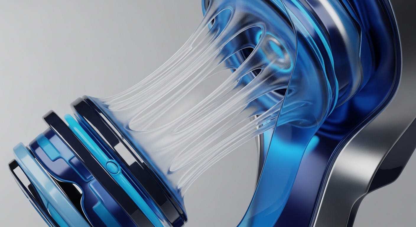 The composition features abstract, flowing structures in shades of blue, white, and silver, with translucent strands connecting more solid, layered components. These elements create a dynamic visual of interconnected digital architecture against a light grey background