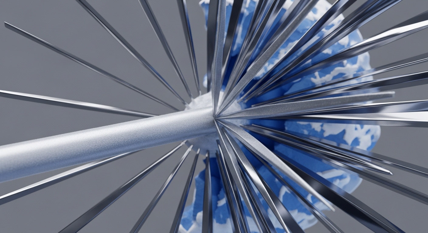 A central metallic rod extends horizontally, surrounded by numerous thin, flat, metallic silver strips radiating outwards. Behind these structured elements, a textured, amorphous mass of blue and white is visible, suggesting a cloud-like or porous material