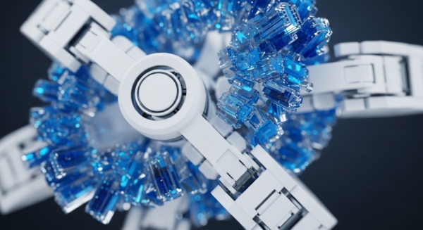 A sophisticated central white mechanical apparatus functions as a validator node or consensus engine. It is encircled by a dynamic, spherical arrangement of numerous translucent blue crystalline structures, each potentially representing a data block or cryptographic primitive. These elements collectively suggest a complex distributed ledger technology architecture, facilitating network interoperability and robust transaction finality. The glowing blue hues evoke the secure flow of digital assets within a high-performance blockchain ecosystem, emphasizing efficient data aggregation and processing.