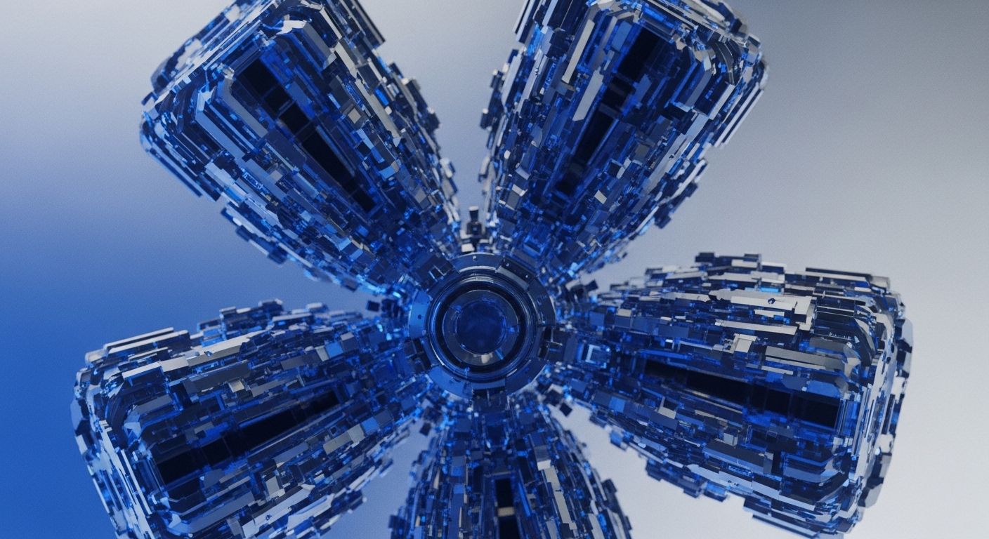 A highly detailed, futuristic structure with a central core and five radiating arms dominates the frame, rendered in metallic silver and translucent blue geometric segments. Each arm is composed of countless interlocking blocks, creating a complex, crystalline appearance against a gradient blue-grey background