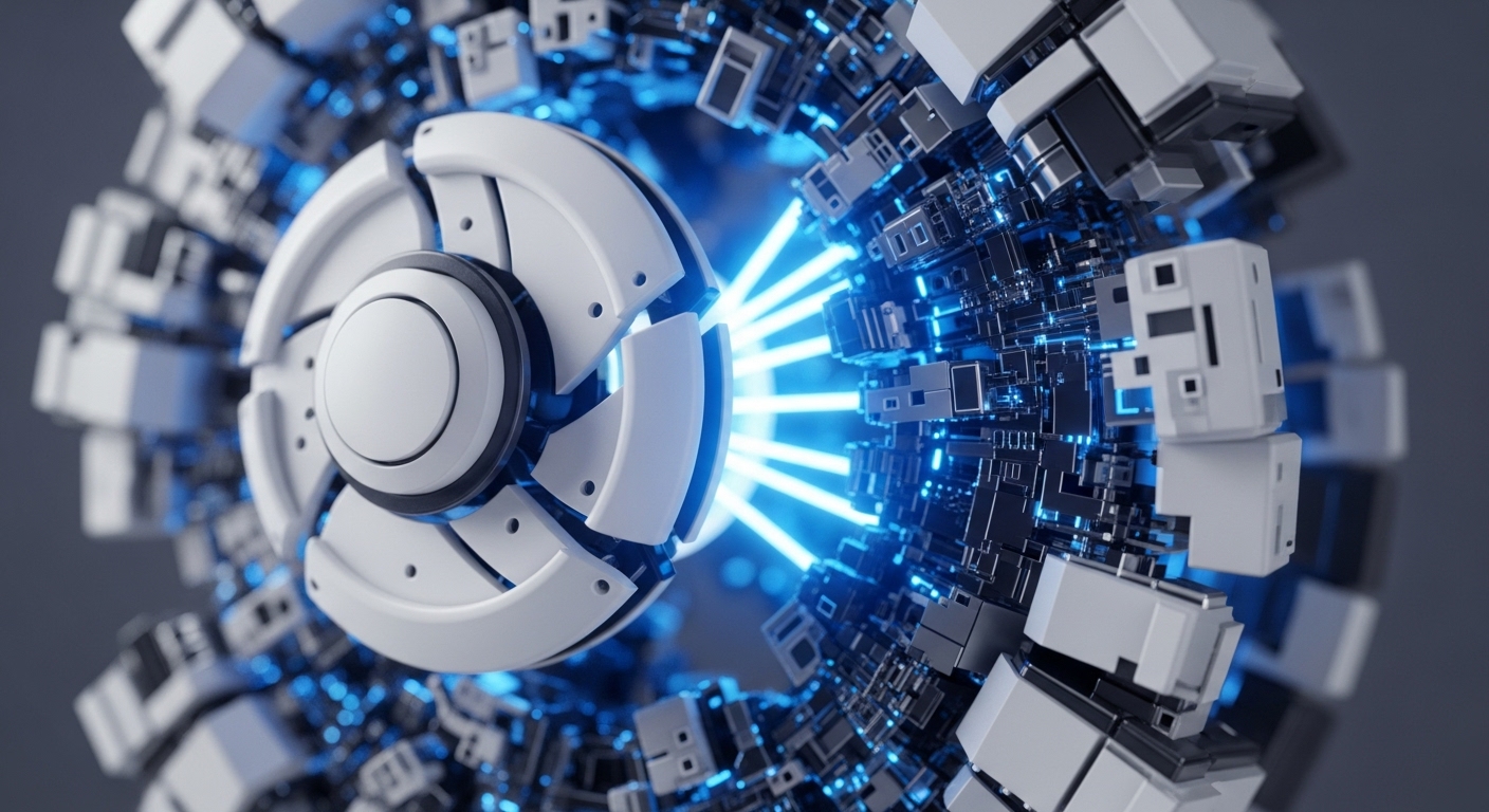 A sophisticated, futuristic technological apparatus showcases a central white circular core actively emitting vibrant blue light beams. This core is enveloped by an intricate, dynamic arrangement of dark grey and white modular components