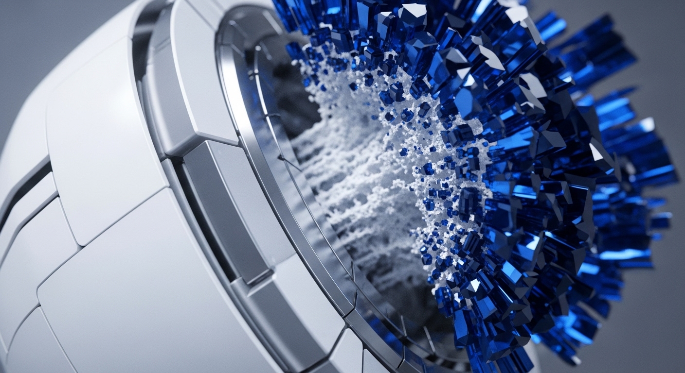 The image depicts a futuristic, segmented white spherical structure with a metallic interior, from which a complex white fractal network emerges, actively dispersing numerous sharp, blue crystalline elements. This visual metaphor illustrates the intricate mechanics of a decentralized network core, a fundamental component in blockchain architecture