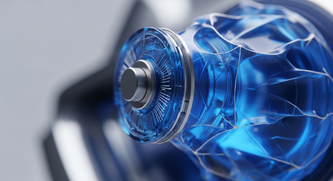 A detailed close-up reveals a futuristic, high-tech apparatus featuring a prominent translucent blue component on the right, characterized by a web-like internal structure and intricate light reflections. To its left, a sleek, circular metallic mechanism with fine radial patterns and a central cylindrical hub suggests precision engineering