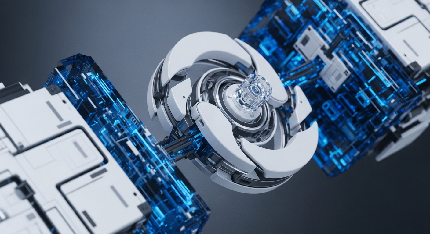 A detailed render displays a sophisticated, modular technological apparatus featuring a central spherical component with white, curved panels. This core mechanism is flanked by white block-like structures housing glowing blue circuits and internal components