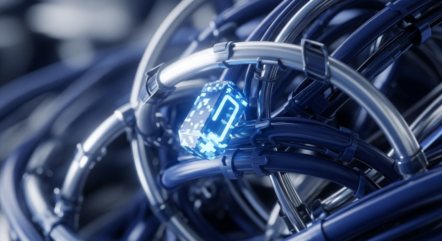 A complex network of interwoven metallic silver and dark blue conduits forms a dense infrastructure, secured by clamps. At its core, a luminous, translucent blue cube, patterned with digital data and a prominent "0" symbol, glows brightly